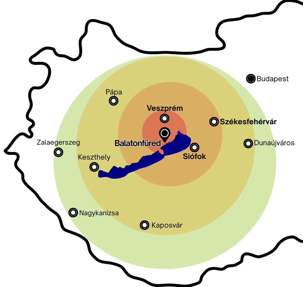 Pure Dream szolgáltatási térképe - Balatonfüred és 100 km-es körzete